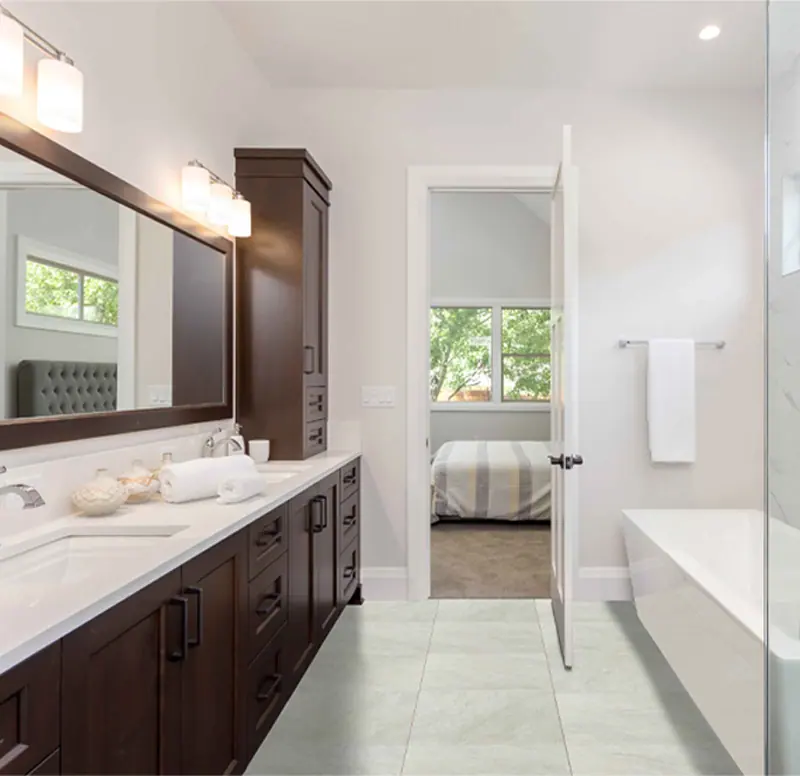 Bathroom with a frameless shower screen and wall niche, Canberra home