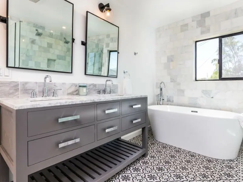 Tiled walls in a completed bathroom renovation, Canberra home