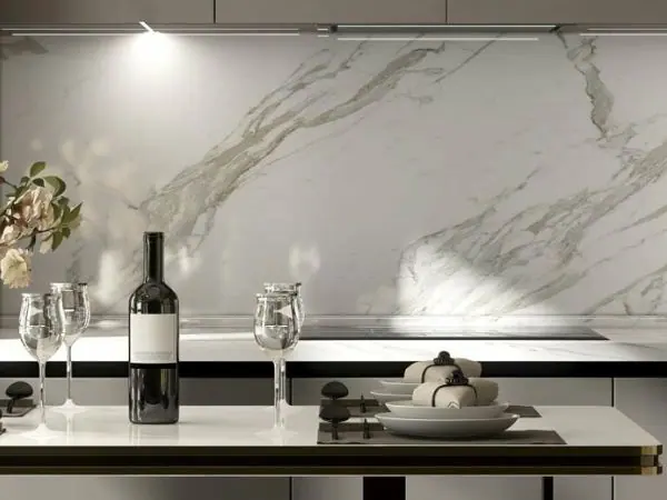 Granite splashback slab beside a kitchen benchtop, Canberra home