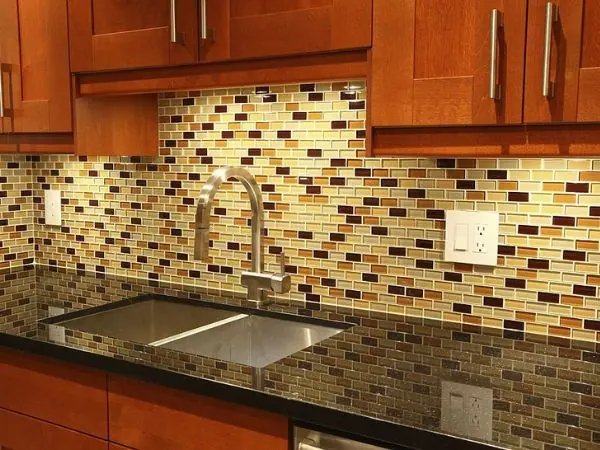 Mosaic tile splashback behind a kitchen bench, Canberra home