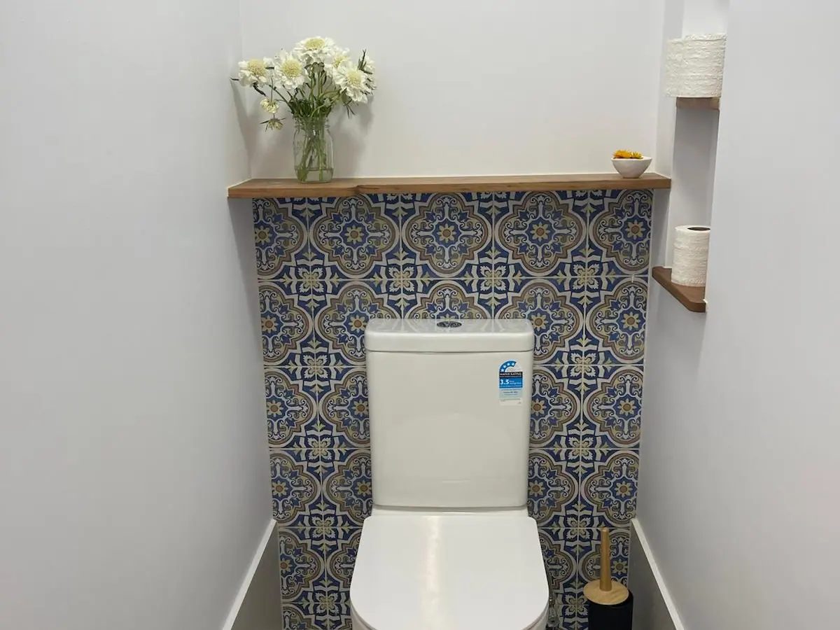Separate toilet with a wall of blue patterned feature tiles, a timber shelf and recessed shelving, Theodore home